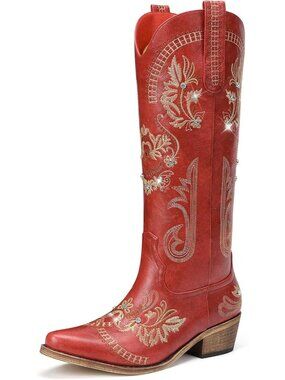 Women's Wide Calf Knee High Sparkly Rhinestone Red Western Boots Pull On Boots